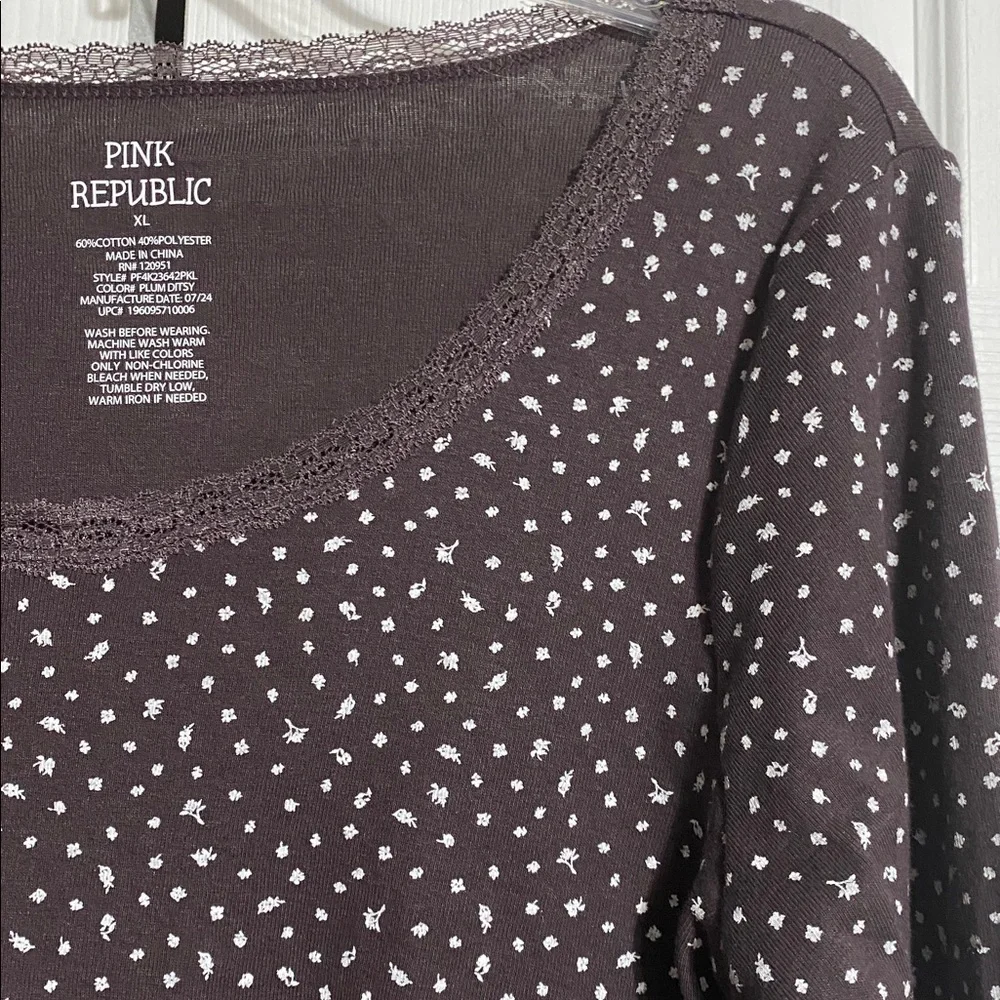Pink Republic cotton blend brown & white floral knit tee shirt top size XL - Picture 2 of 9